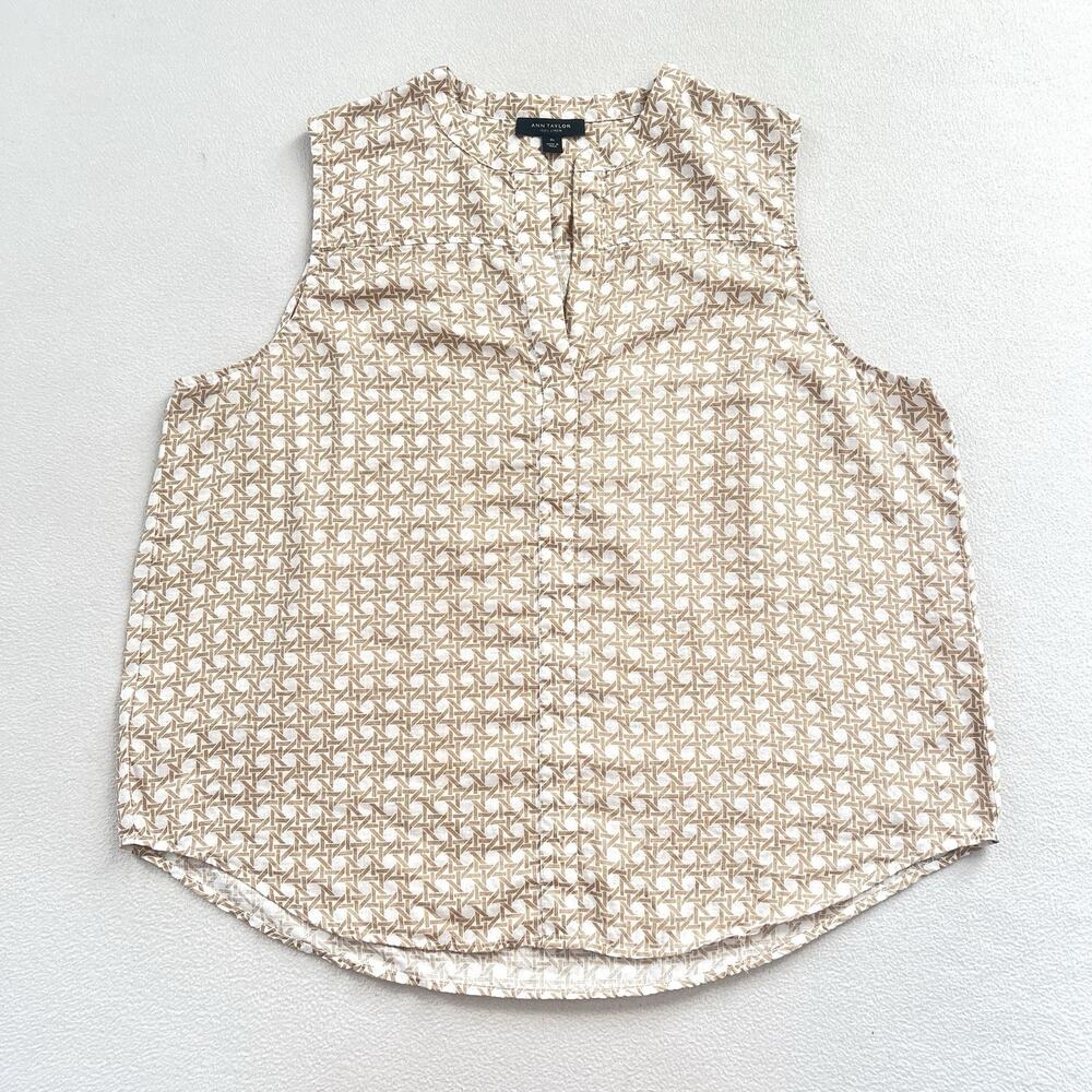 Ann Taylor Tan White Geometric Lattice Print Linen Split Neck Sleeveless Top XL